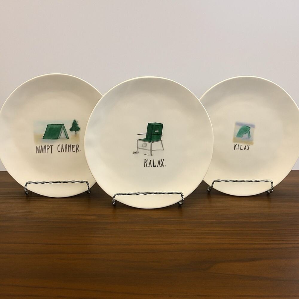 Rae Dunn Magenta Lunch Salad Plates Lot of 3 – Relax, Happy, Camper, 8” Melamine